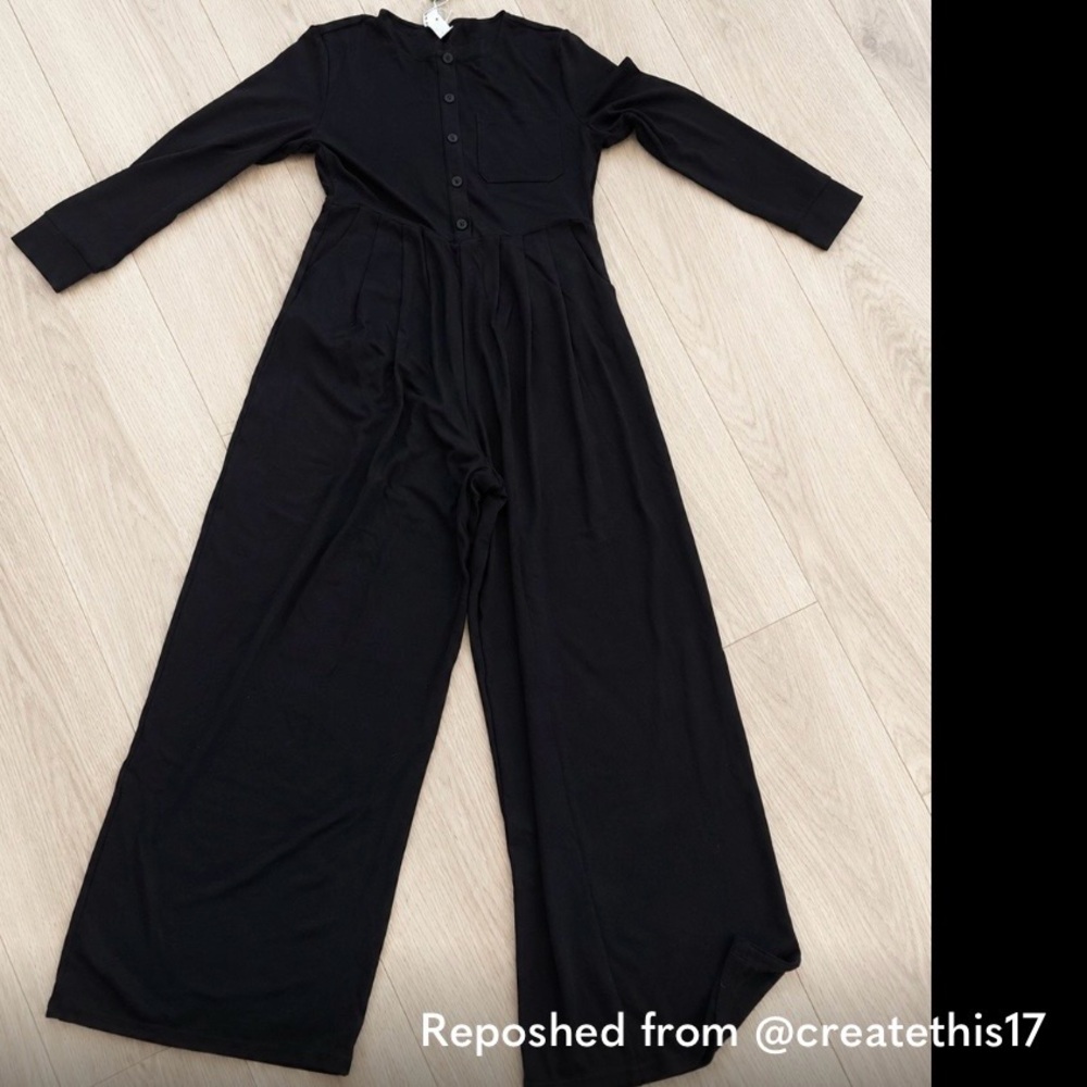 Halara Womens Black Wide Leg Jumpsuit Small Soft Stretch Button Front